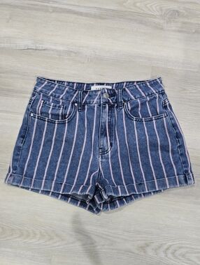 PACSUN Striped Denim Mom Shorts Cuffed Jeans Dark Wash Blue Red Size 27